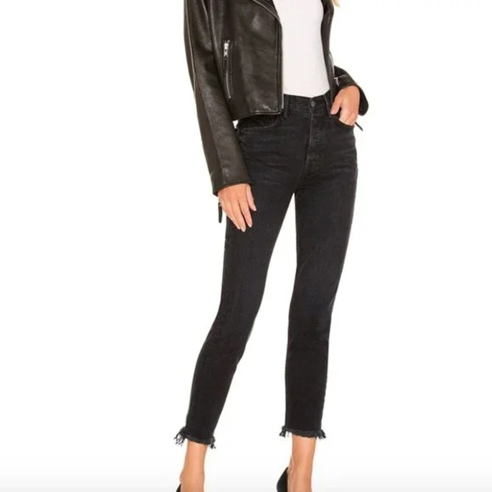 GRLFRND Karolina Skinny High Rise In Hold Up Black Button Fly Raw Hem Size 25
